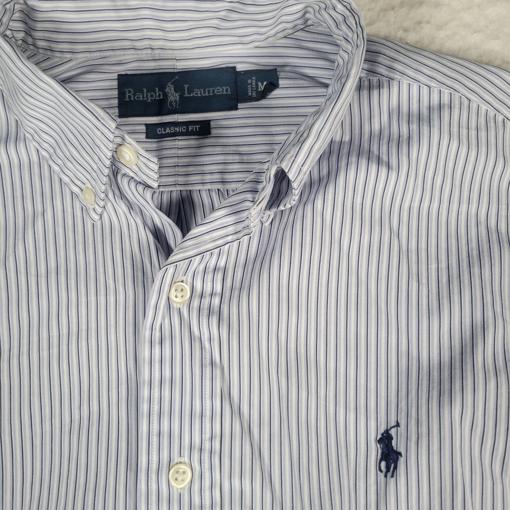 Ralph Lauren Shirt Mens Size M Blue White Striped Short Sleeve Classic Fit Pony